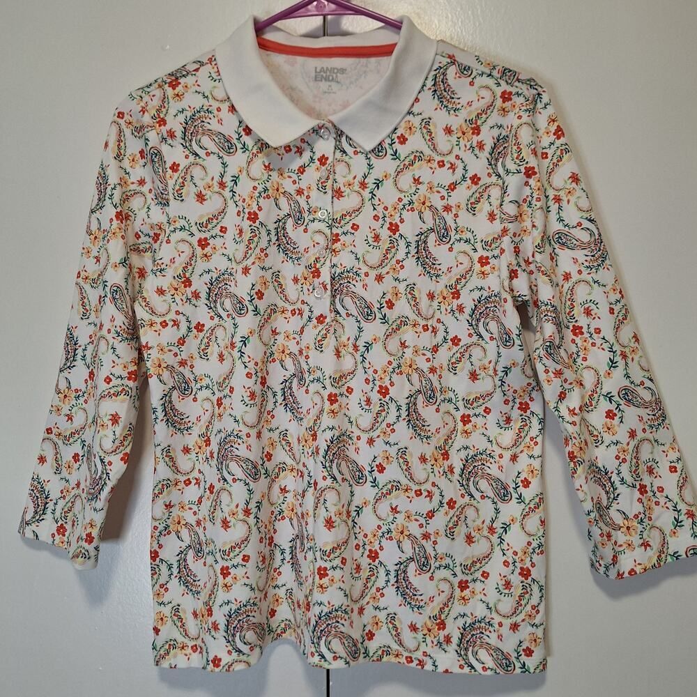 Land's End 3/4 Sleeve Floral Paisley Polo Shirt Medium Womens